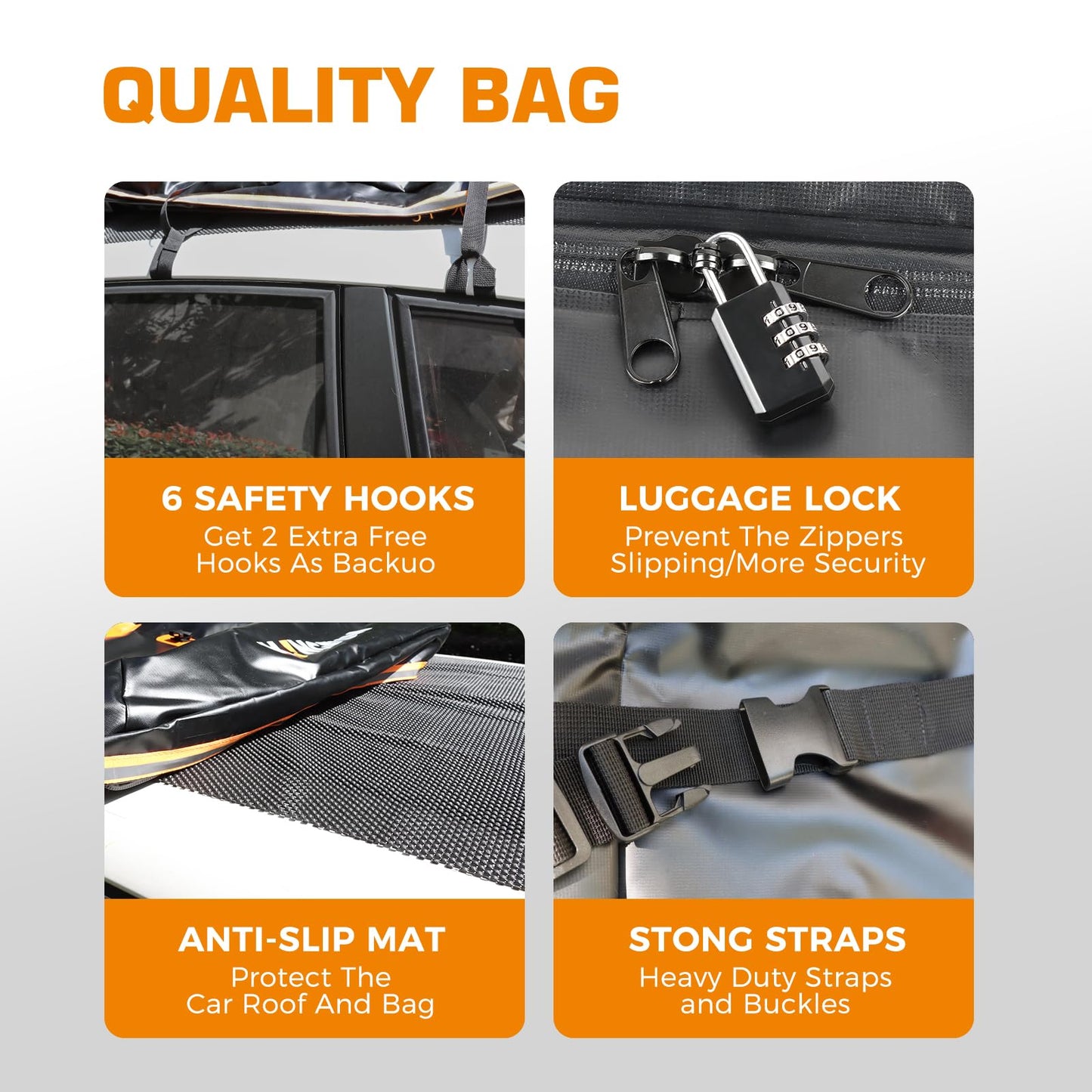Kingfun Car Rooftop Cargo Carrier – Waterproof 15 Cubic Feet Car Roof Bag Fit All Vehicles with/Without Roof Racks, Includes Anti-Slip Mat, 8 Reinforced Straps & 6 Door Hooks, Luggage Locks