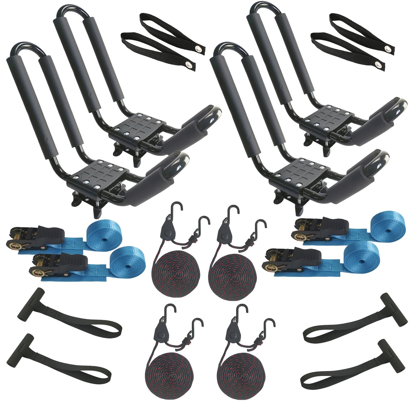 2-Pack Kayak Roof Rack Carrier - Heavy-Duty J-Style Crossbar Mount for Kayak/Canoe/Surf Ski (75lb Capacity), Includes 4 Ratchet Tie-Down Straps & Rust-Resistant Hardware (Fits Square/Oval/Flat Bars)