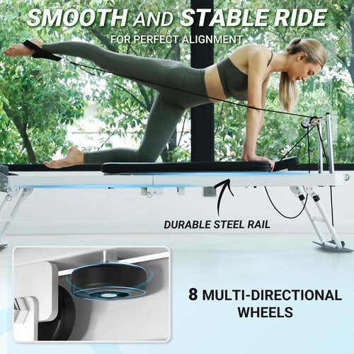 Pilates Reformer, PAETA Foldable Reformer Pilates Machine for Home Use, with Dual Resistance- Springs and Cords, Pilates Equipment for Home Workouts with Jump Board, Up to 400 LBS(White