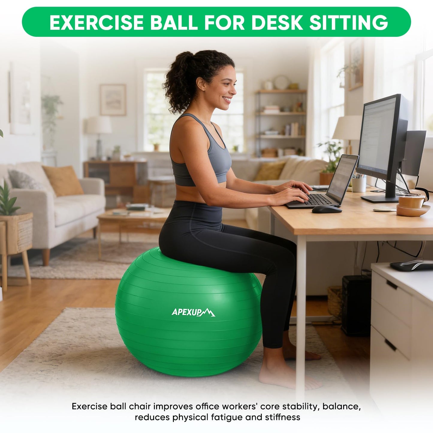 APEXUP Yoga Ball, 660 lbs Anti-Burst Exercise Ball with Pump, 5 Sizes (XXL(31"~34") 85cm, Dark Green)