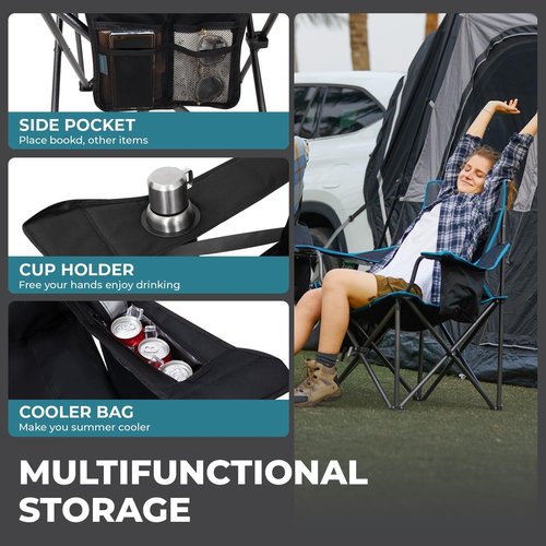 FUNDANGO Oversized Camping Chair for Adults, Heavy Duty Portable Foldable Lawn Chair with Padded Seat & Back, Lumbar Support, 4-can Cooler & Cup Holder, Carry Bag Included for Outdoor (Black)