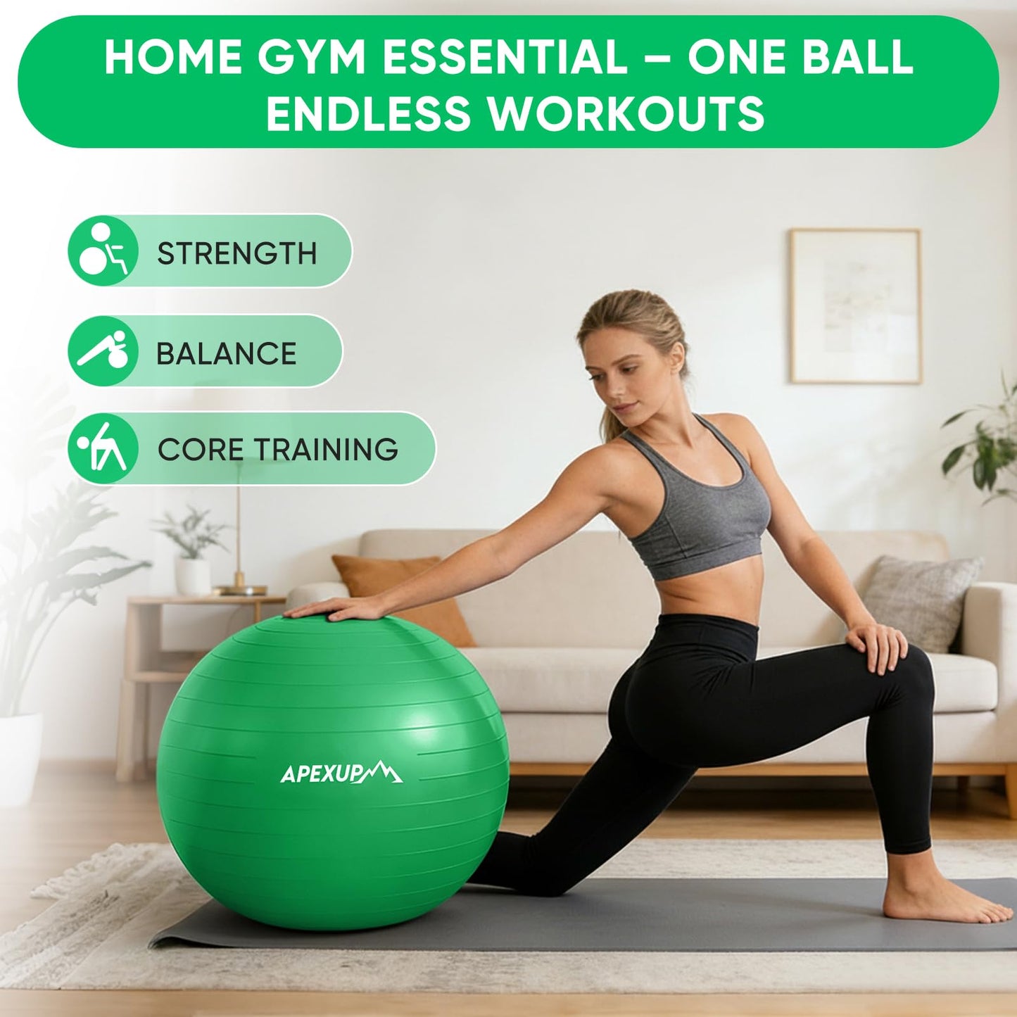APEXUP Yoga Ball, 660 lbs Anti-Burst Exercise Ball with Pump, 5 Sizes (XXL(31"~34") 85cm, Dark Green)