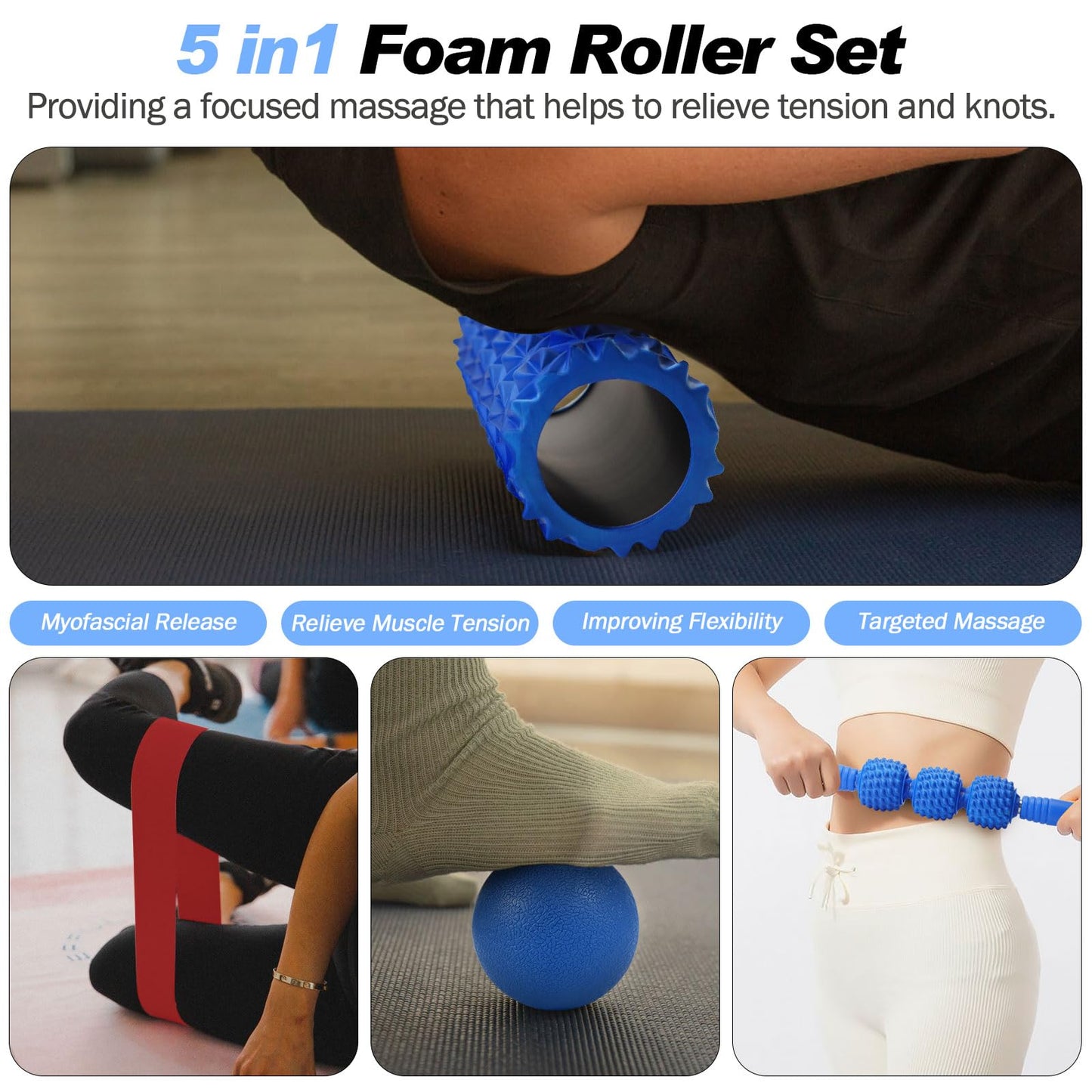JOYENERGY 5 in 1 Foam Roller Set Trigger Point Foam Roller, Massage Roller Stick, Massage Ball, Stretching Strap for Deep Muscle Massage Pilates Yoga, Fitness Exercise for Whole Body (Blue Diamond)