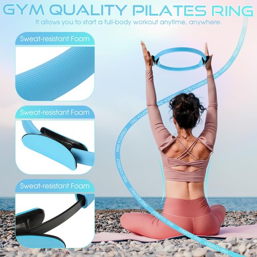 Silipull Set of 6 Pilates Ring and Ball Essentials Kit for Women 14" Circle Yoga Exercise Ball 5 Resistance Bands Stretching Workout at Home Pilates Equipment for Beginner Home Workouts(Blue)