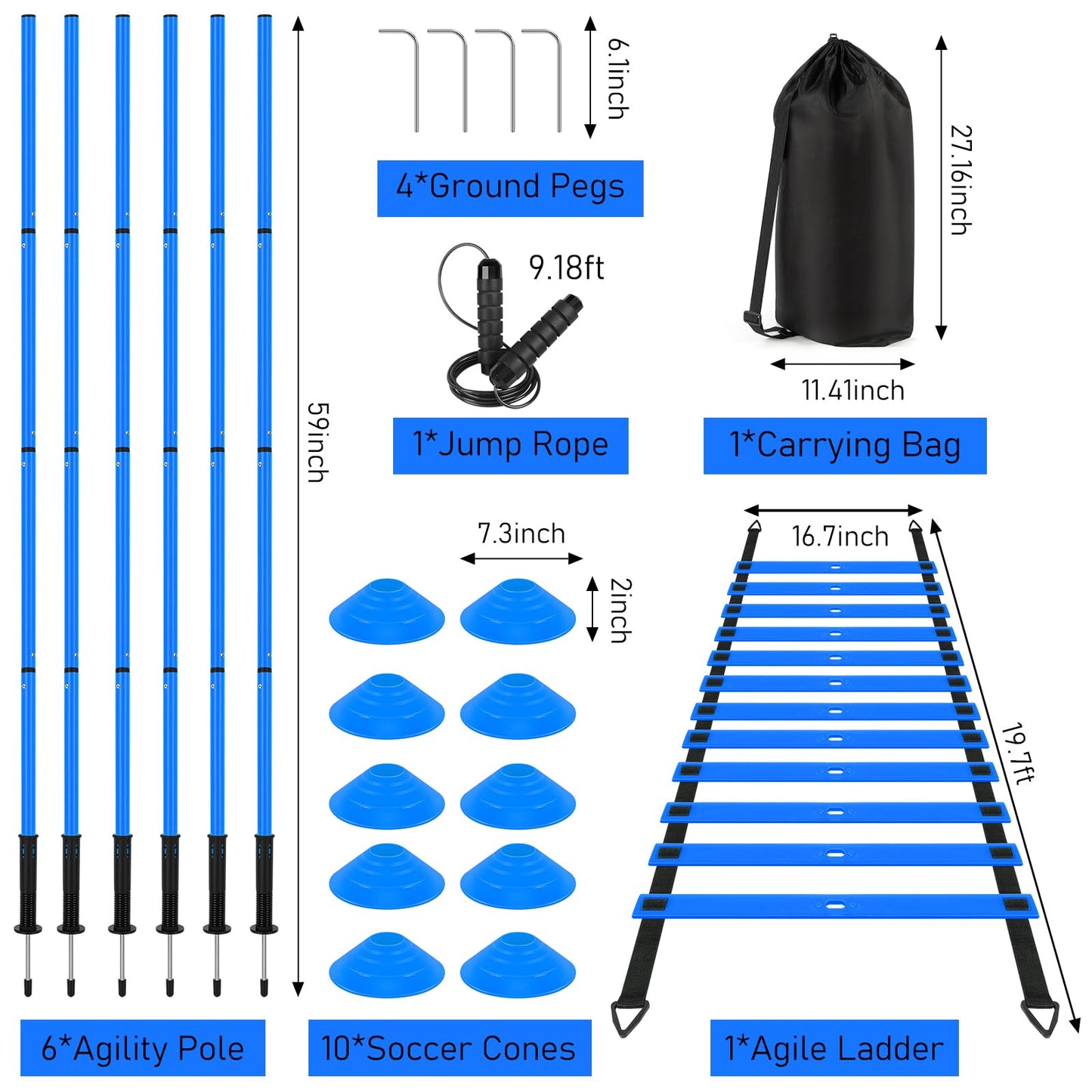 SMTPDT Soccer Agility Training Equipment: 6 Soccer Agility Poles, 20ft Agility Ladder, 10 Soccer Cones, 1 Jump Rope. Soccer Training Poles for Speed Training, Agility Training (Blue)
