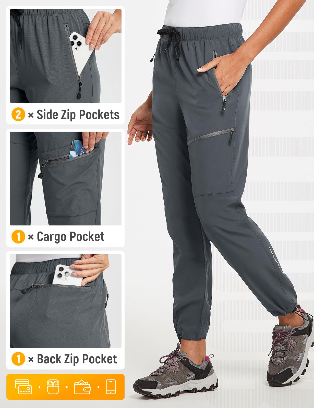 baleaf Cargo Pants for Women Petite Joggers Lightweight Quick Dry Pant Water Resistant 27'' Travel Workout Athletic Trip 27''-Dark Gray 2XL