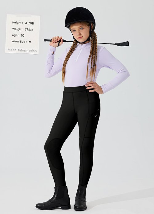 Willit Girls Horse Riding Pants Tights Kids Equestrian Breeches Knee-Patch Youth Schooling Tights Zipper Pockets Black M