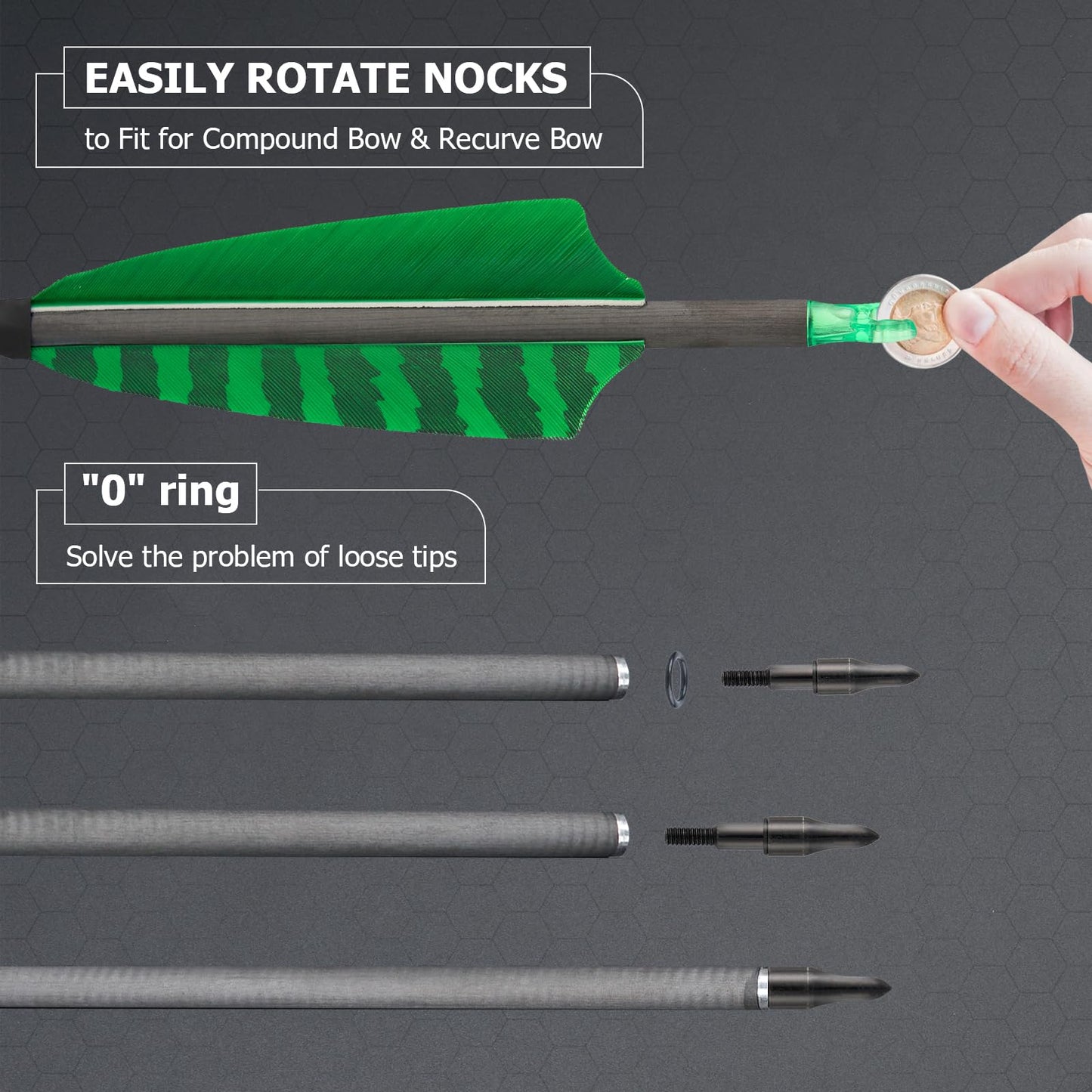 TOPARCHERY Premium 31" Carbon Hunting Arrows with Selected 4" Real Turkey Feathers Fletching and Removable Tips - 400 Spine Practice Target Arrows for Compound & Recurve Bow - 12Pcs (Green&Black)