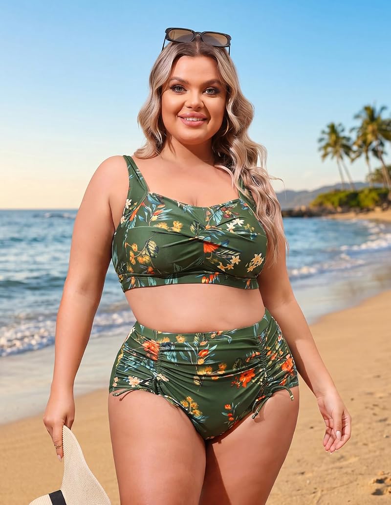 Plus Size Green Floral Two-Piece High Waisted Bikini – Hanna Nikole Variation: Green Flowers+18