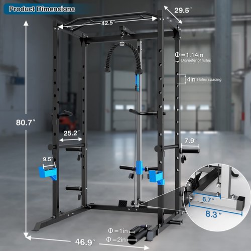 ULTRA FUEGO Power Cage, Multi-Functional Power Rack with J-Hooks, Dip Handles, Landmine Attachment and Optional Cable Pulley System for Home Gym (Power Cage with Pulley System)