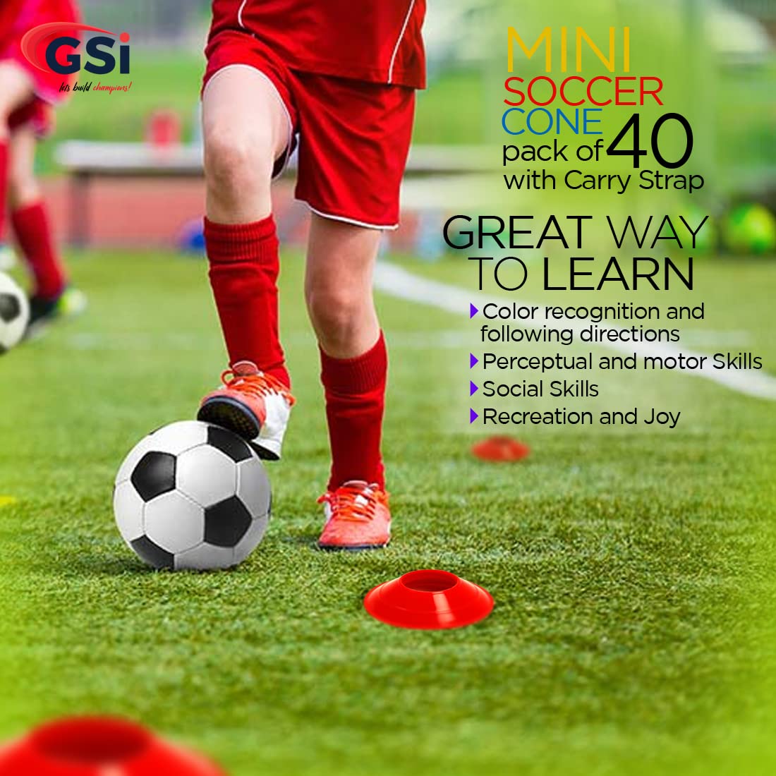 GSi Mini Cones for Sports - 40 Pack - 5Inch Diameter for Better Space Utilization - Comes with Shoulder Strap - for Agility Training Drills