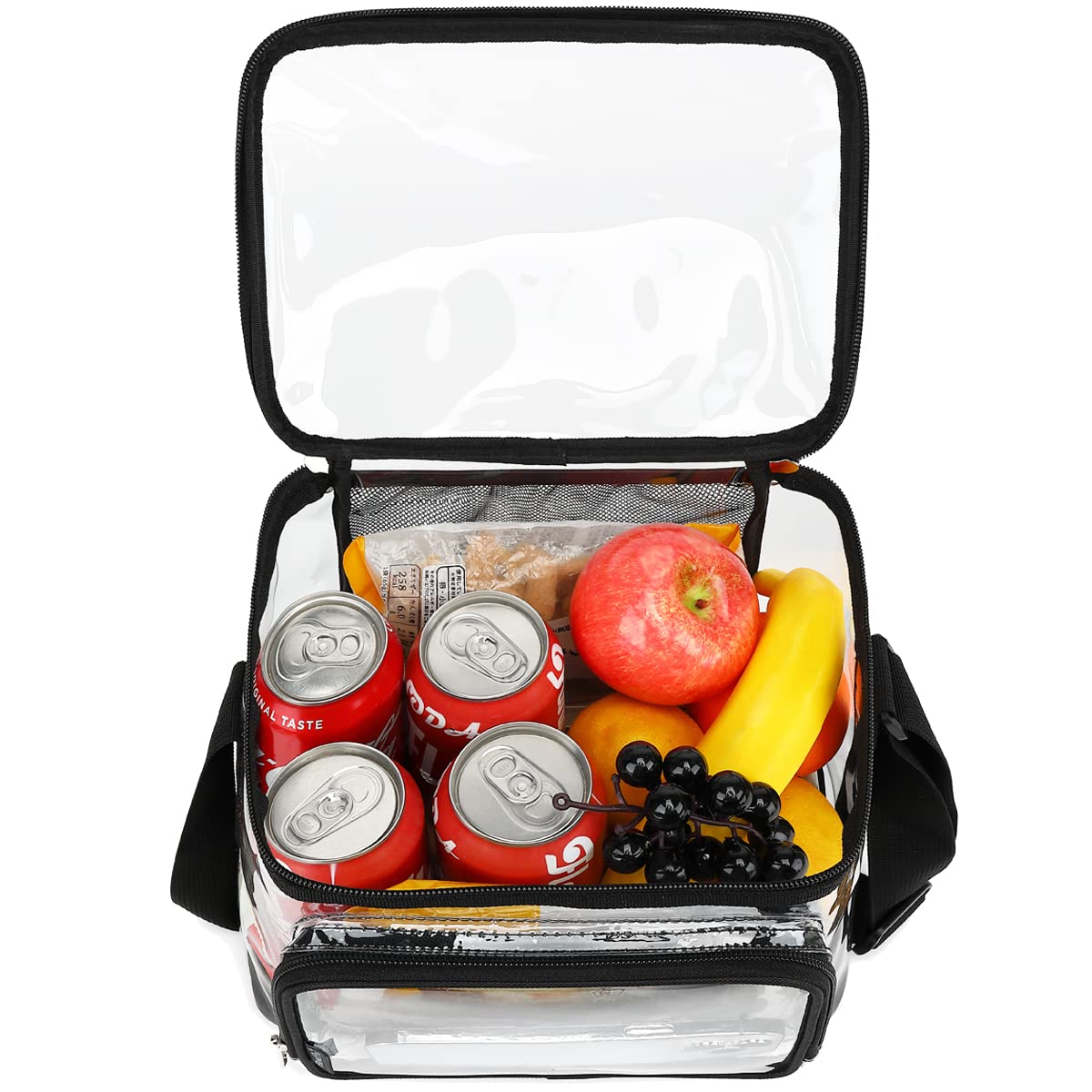 FlowFly Insulated Reusable Lunch Bag Adult Large Lunch Box for Women and Men with Adjustable Shoulder Strap,Front Zipper Pocket and Dual Large Mesh Side Pockets, Clear