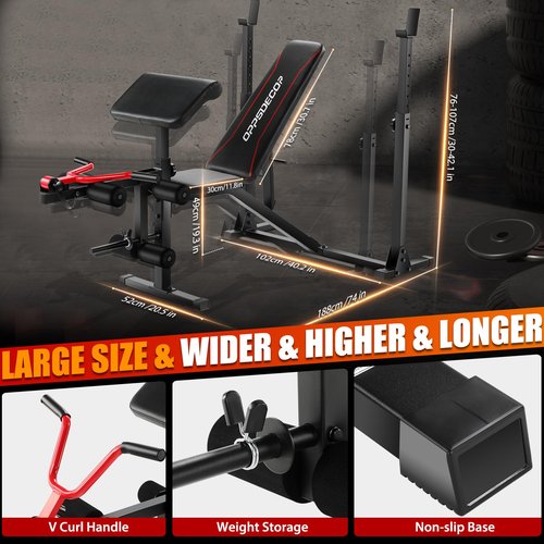 OPPSDECOR Weight Bench Set with Leg Extension and Curl, 900LBS Profesional Bench Press Set and Barbell Rack with Safety Spotter Catches, Preacher Curl Workout Benches for Home Gym