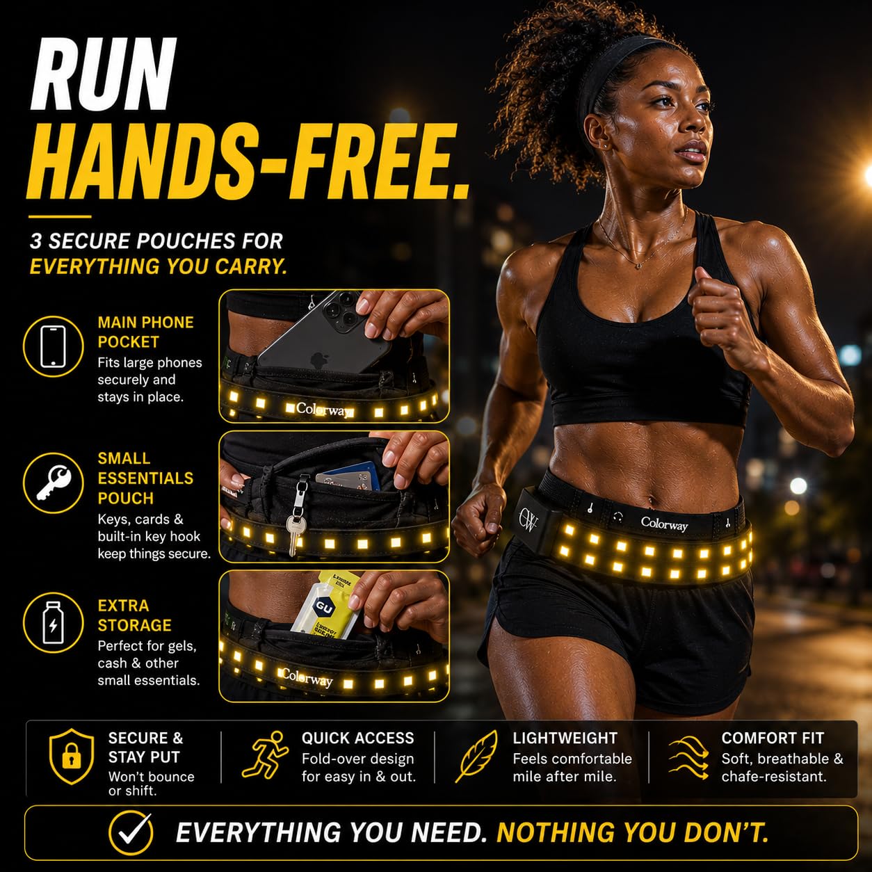 Colorway LED Running Belt - Reflective Running Gear with Removable Light Strip, 5 Bright Colors, USB Rechargeable, Adjustable Waist Pack, High Visibility, Night Safety Belts for Men and Women