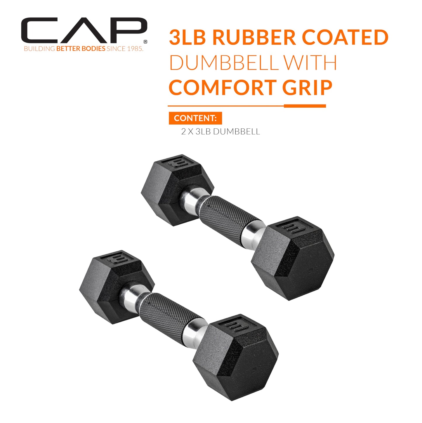 CAP 85 LB Rubber Coated Hex Dumbbell Weight, Rubber Free Weights for Home Gym Strength Training, Comfort Grip Handle, Pair