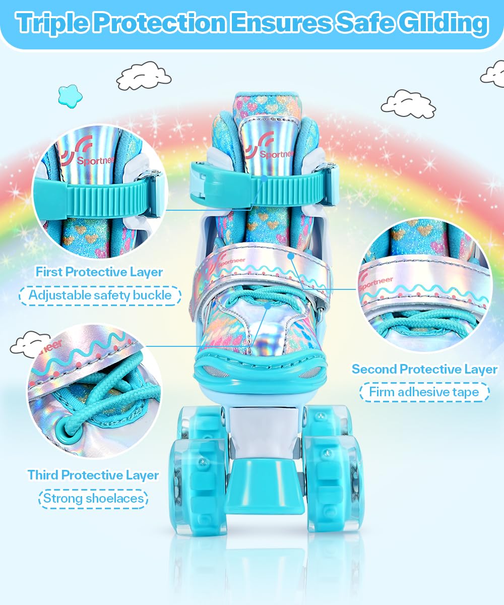 Sportneer Adjustable Kids Roller Skates with Light Up Wheels, 4 Sizes Fit for Girls Boys Ages 5–12, Fun Outdoor Indoor Quad Skates for Beginners, Safe Gift Set with Protective Gear Included