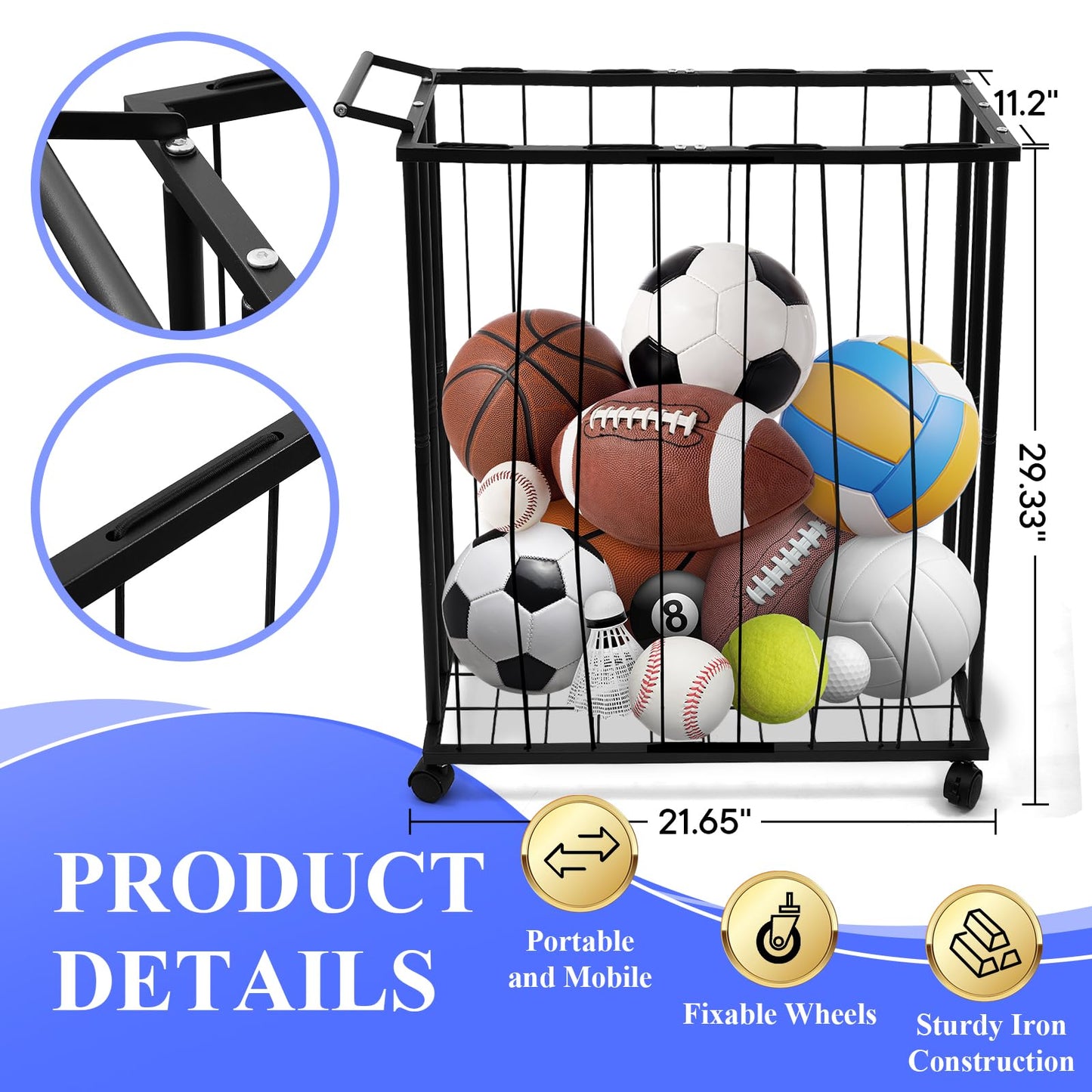 URMMIY Large Garage Ball Storage Rack with Wheels–Rolling Sports Equipment Organizer Freestanding Ball Holder for Basketball Soccer Volleyball Football–Sports Ball Storage for Garage Gym School Home