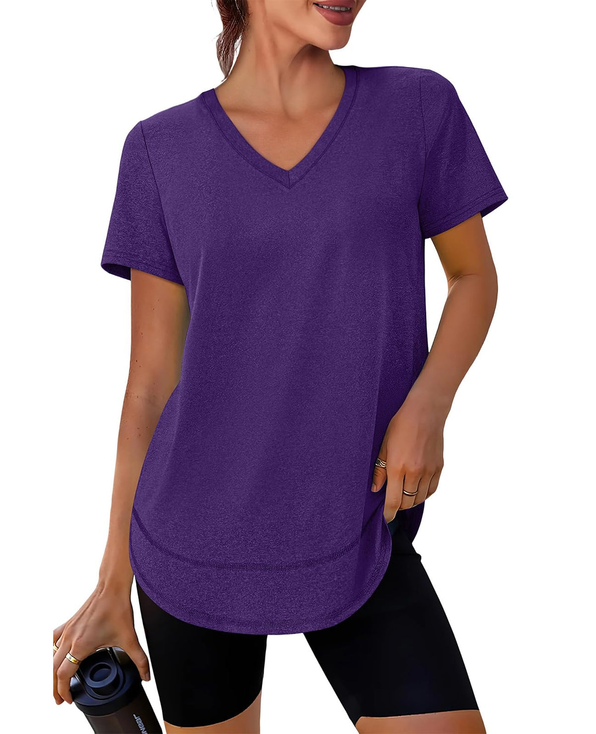 Short Sleeve Shirts for Women Workout Yoga Tops Sun Protection Clothing Summer Outfits Rash Guard Side Slit V Neck Purple XL