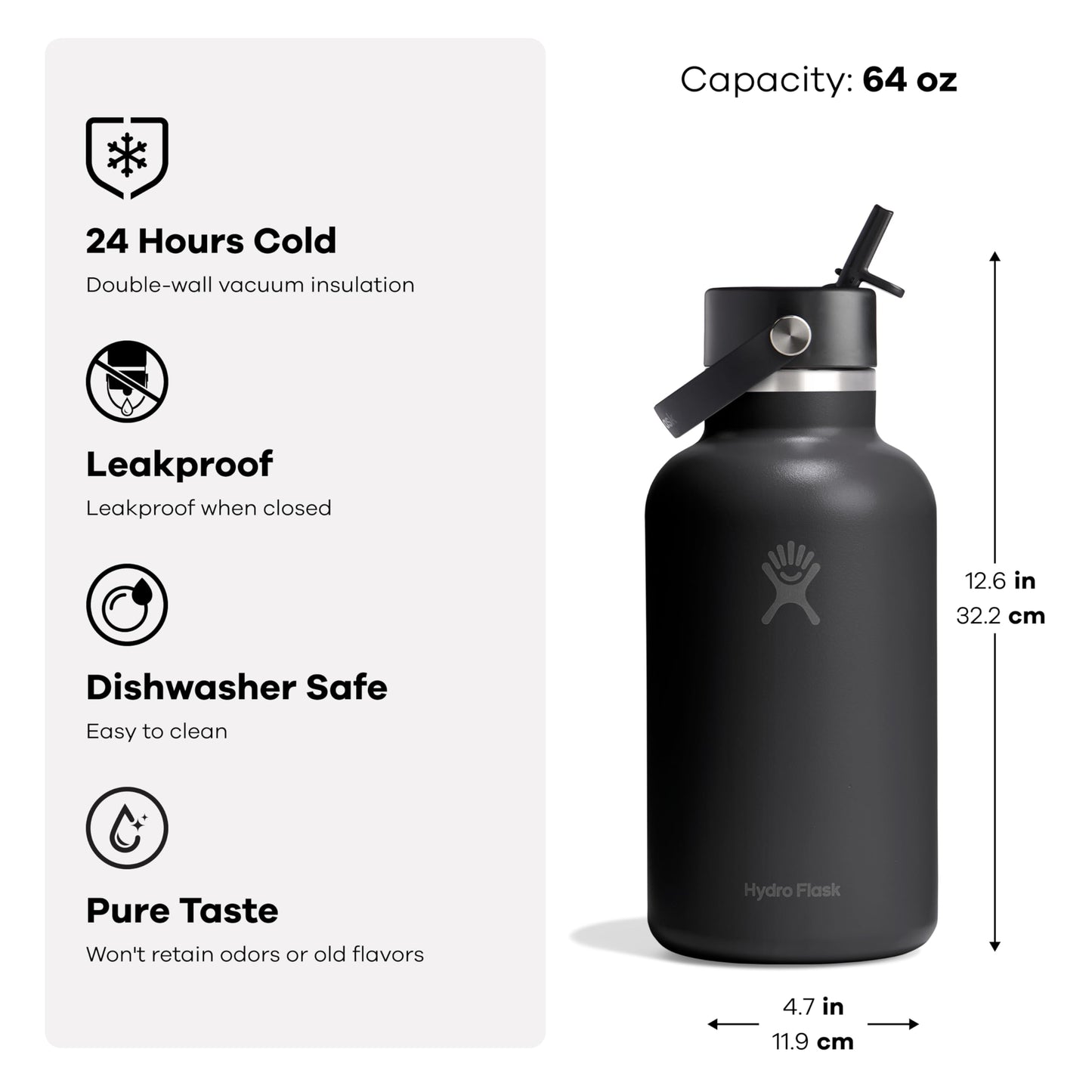 Hydro Flask Water Bottle - Insulated Stainless Steel - Wide Straw Lid, Non Spill, Leakproof in 64 Oz Harbor Blue