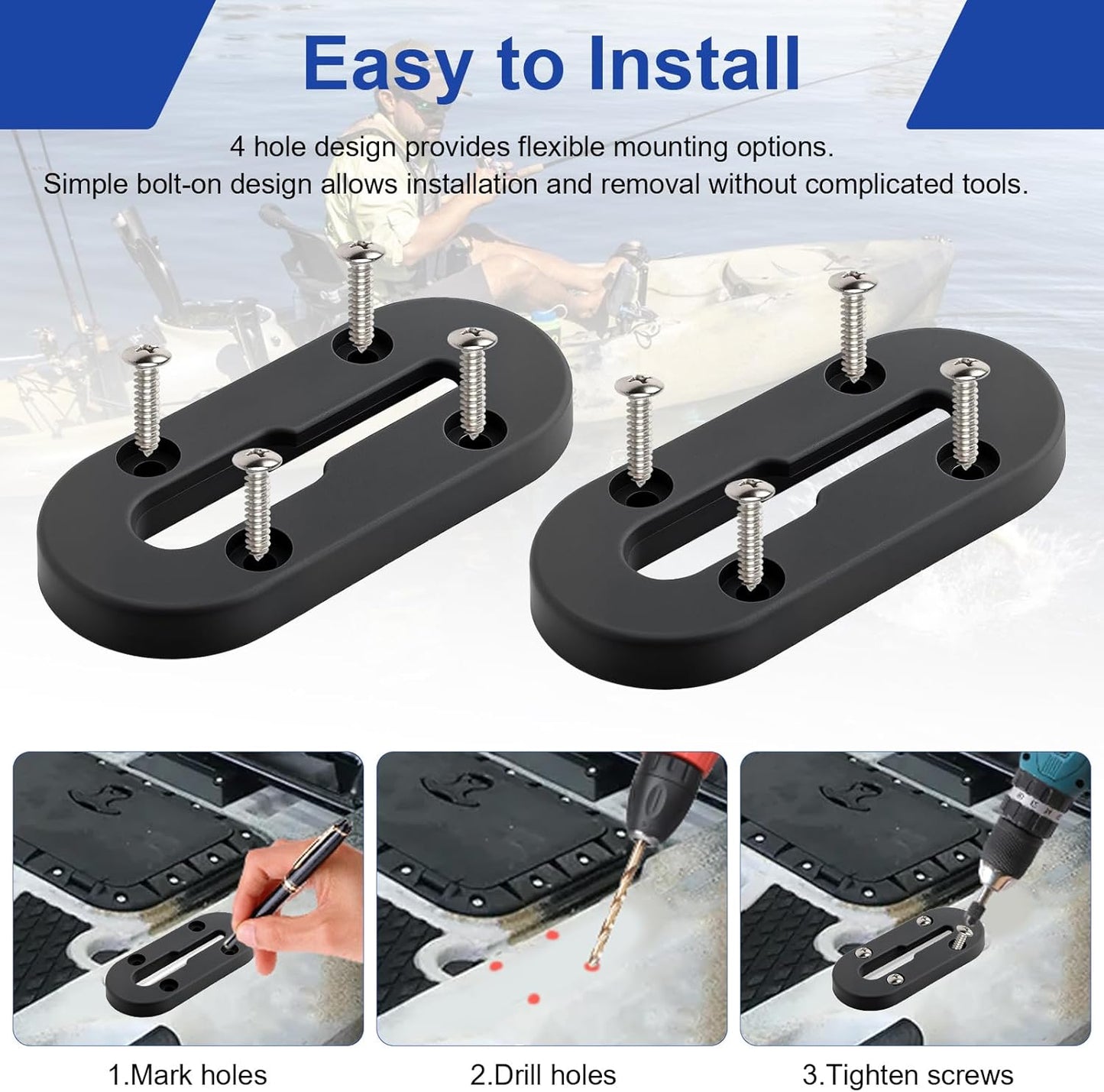 Kayak Track Mount, Kayak Rail Track Mount, Kayak Gear Track Accessories, Kayak Low Profile Track for Fishing Rod Holder, Cup Holder, Paddle Holders, Anchor Cleats (4 in, 4 Holes, 4 Pieces)