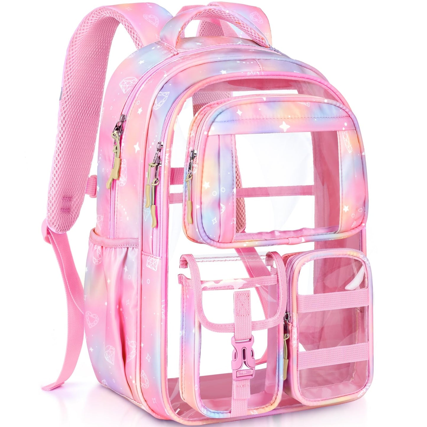 PAMANO Clear Backpack for Girls, Heavy Duty Transparent Bookbag for Kids, See Through Cute Backpacks for Elementary Primary School Work Sport Travel - Pink