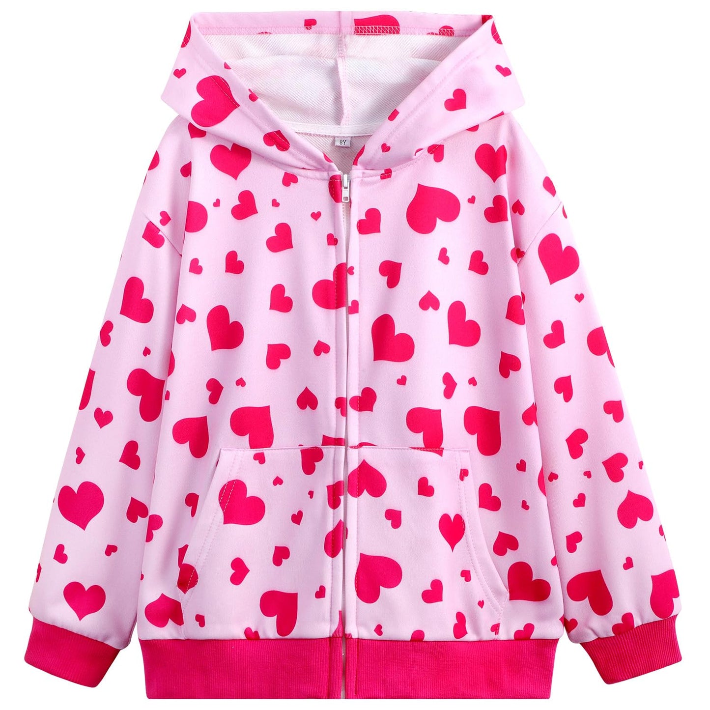 Belovance Girls Graphic Zip Up Hoodie Sweatshirt with Pockets Kids Tween Hooded Coat Casual Loose Outerwear Autumn Long Sleeves Oversized Novelty Lightweight Jacket Top Cute Pink Hearts 8-10 Years
