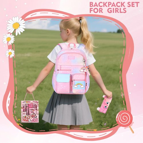 QJHEC Kawaii Rainbow Backpack for Girls – Cute Starry School Bags for Kids & Teens with Plush Pen Case & 6-Piece Study Supplies Set, Children's Bookbag for Elementary – Pink 17.5inch