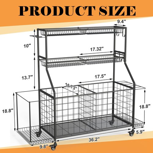 Sports Equipment Organizer, Garage Ball Storage Racks - Outdoor Toy Storage with 2 Side Racks & Removable Baskets, Heavy-Duty Garage Rolling Ball Cart with Wheels, Hooks for Sports Gear, Toys