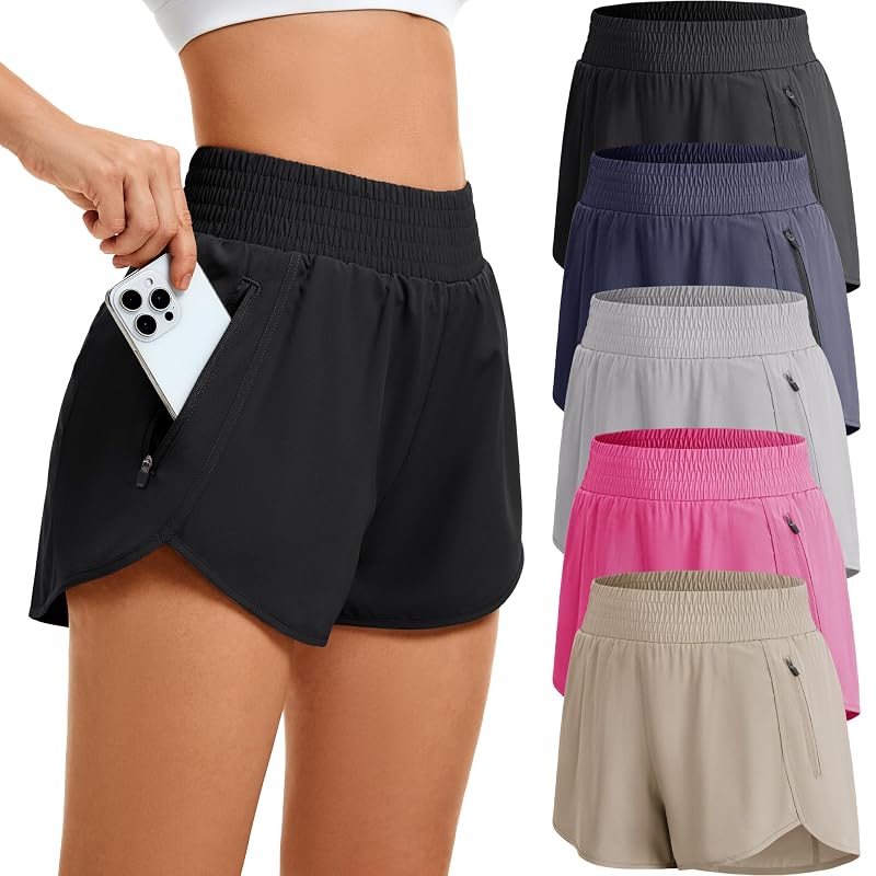 CE' CERDR 5 Pack Women’s High Waisted Running Shorts - Quick-Dry, 2 Zipper Pockets, Side Split