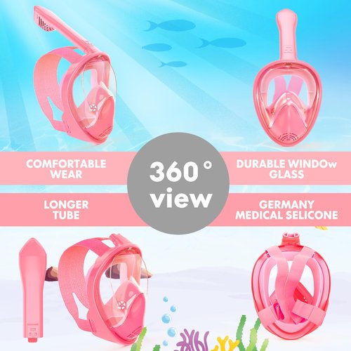 Kids Snorkel Mask Full Face, Snorkeling Gear for Kids 2-14 with Camera Mount, 180 Degree Panoramic View Snorkeling Set Anti-Fog Anti-Leak (Blue+Pink)