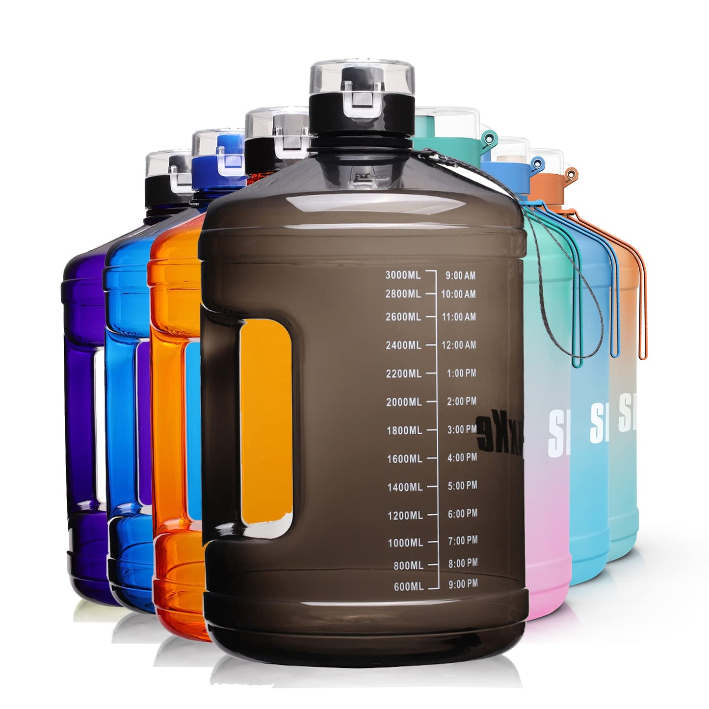 SLUXKE Gallon Big Water Bottle with Handle, 128oz Leakproof BPA Free Fitness Sports Water Bottle with Motivational Time Marker & Wide Mouth Ensure You Drink More Water