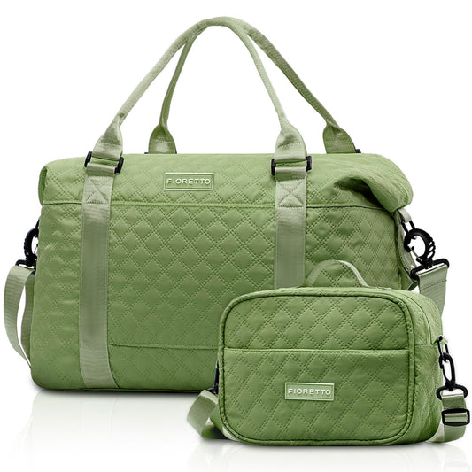 FIORETTO Women's Gym Duffle Bag with Shoes Compartment, Multi-Functional, Ideal for Travel, Gym, Sports, Duffel, Weekender, Quilted, with Toiletry Bag, Green