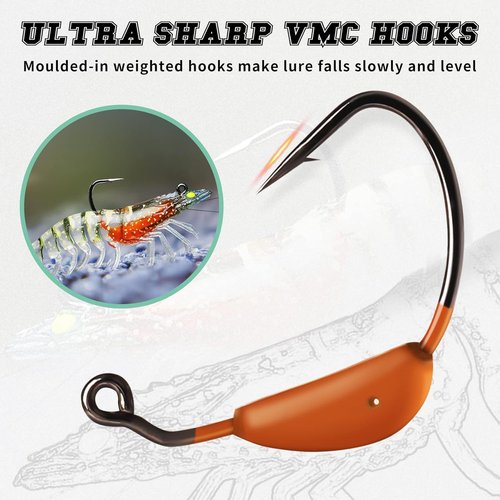 TRUSCEND Pre-Rigged Fishing Jigs, 1:50 Super Durable TPE Bass Fishing Lures, Well-Made Lifelike Soft Shrimp Swimbait, Weedless MarshSwamp Fishing Lure for Trout Crappie Walleye, Keep Separately!