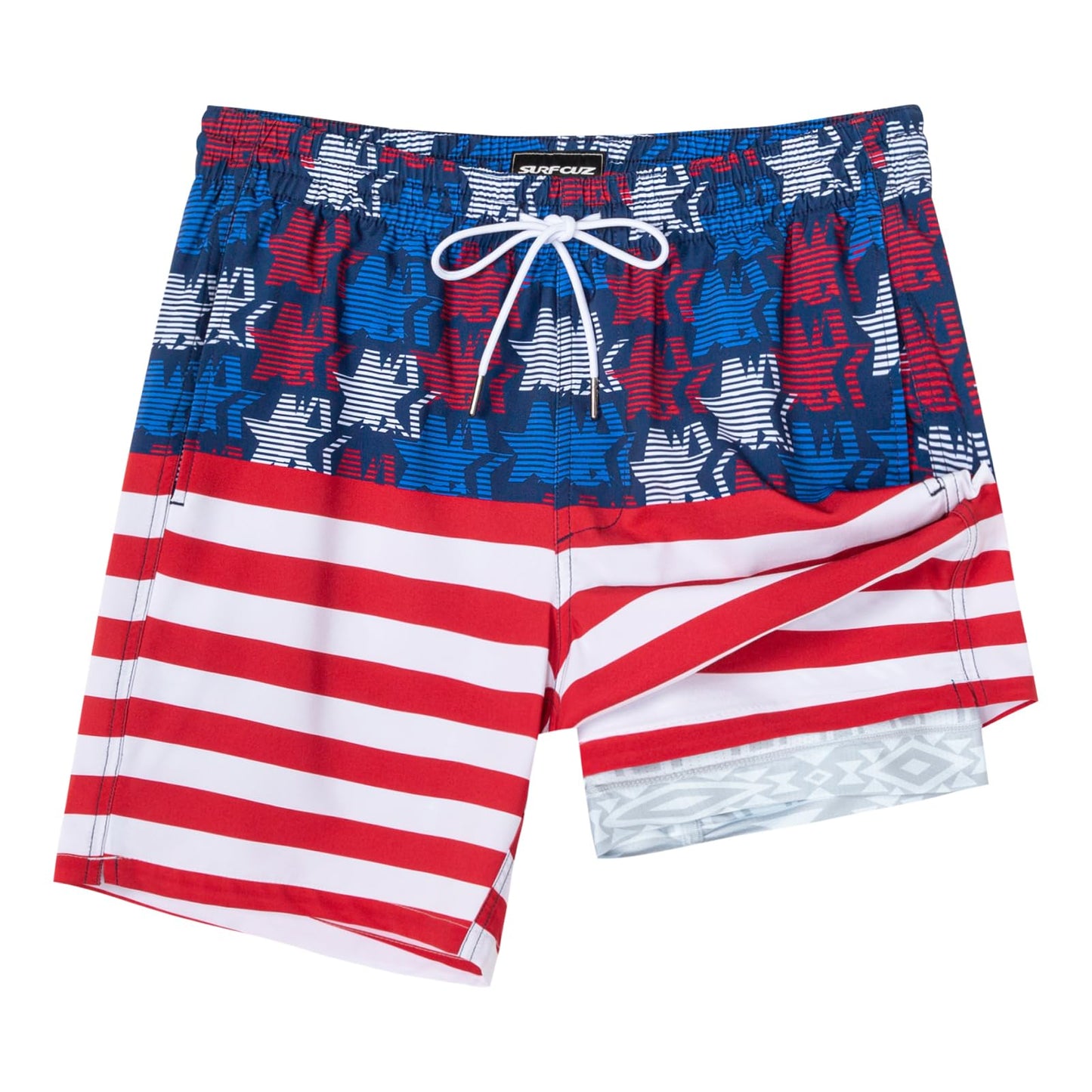 SURF CUZ Mens Swim Trunks with Compression Liner Quick Dry Swim Shorts 7" Swimming Trunks Stretch Bathing Suit 7 Inch,American Flag,XS
