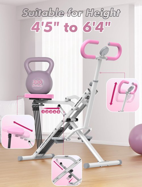 Sportsroyals Squat Machine for Home,Rodeo Core Exercise Machine,330lbs Foldable,Adjustable 4 Resistance Bands,Ride & Rowing Machine for Botty Glutes Butt Thighs,Ab Back/Leg Press Hip Thrust