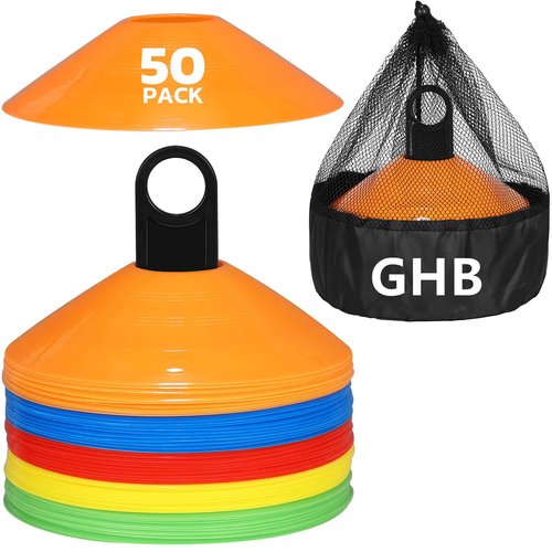 GHB Soccer Cones 50/100 Pack Disc Soccer Sport Cones Training Field Marker Agility Cones for Traffic, Basketball, Coaching, Practice Equipment Includes Cone Drills Guide (50 Pack)