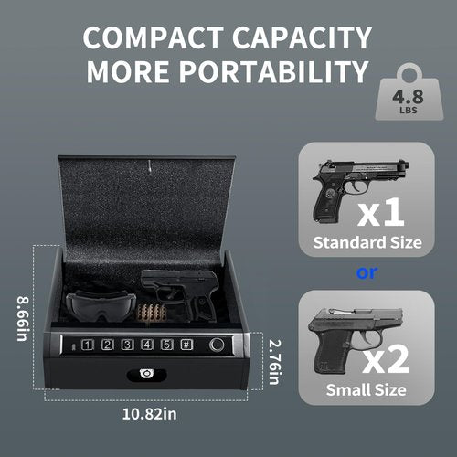 ADIMO Fingerprint Handgun Safe for 1-2 Pistols, Quick Access Biometric Lock Box with LED Interior Light, Silent Mode, Backlit Keypad & Keys, Great for Nightstand or Home