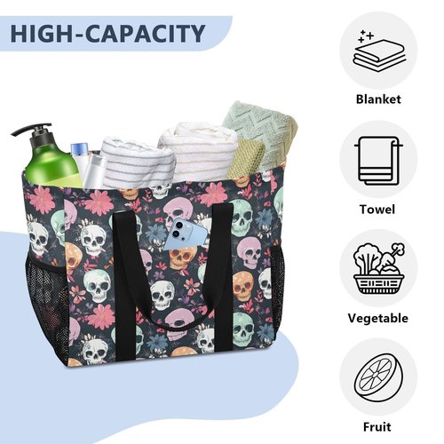 Bolaz Travel Tote Bag，Gym Bag for Men,Waterproof Beach Bag for Women Foldable Reusable-Colorful Skull Flowers5