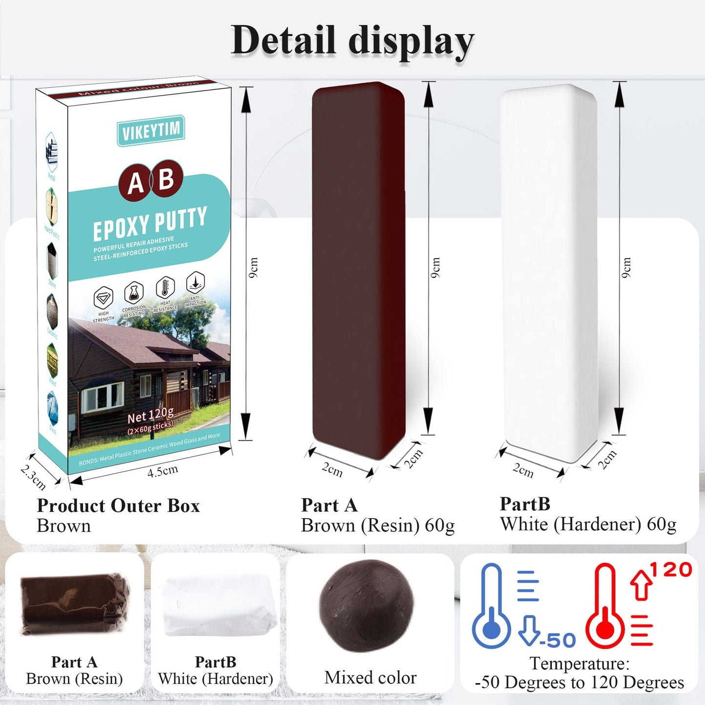 VIKEYTIM Epoxy Putty, 120g 2 Part Fast Repair Epoxy Putty Wood, Metal, Stone, Hard Plastic, Acrylic, Ceramic, Glass, Acrylic Bonding and Repair (Brown)