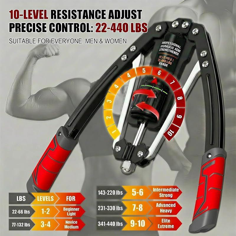 Red 10-Gear Hydraulic Arm Exerciser for Chest, Biceps & Shoulders - 22-440 lb