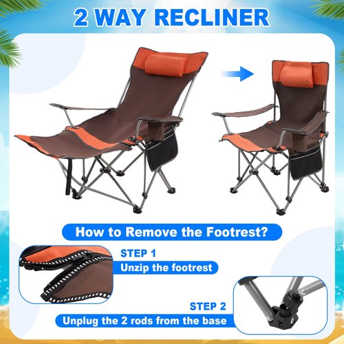 Yuntau 2 Set Reclining Camping Chair with Umbrella Clamp, Adjustable Beach Chair with Foot Rest, SPF 50+, Folding Shade Camping Lounger Recliner for Adult Outdoor(Orange,Green,Oxford)