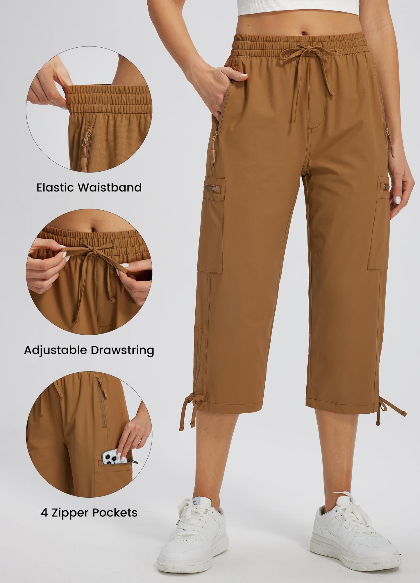 Libin Women's Hiking Capri Pants Quick Dry Cargo Pockets Pants Lightweight Cropped Summer Pant for Travel Casual Brown XL