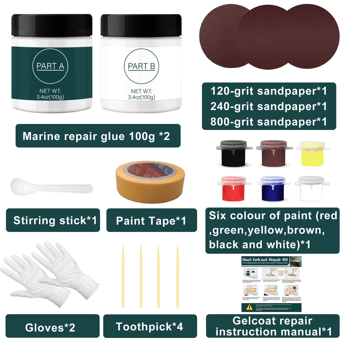 GDDP 200g Gel Coat Repair Kit for Boats, Repair Cracks Scratches Chips Holes Gaps, for Fiberglass, Porcelain, Acrylic