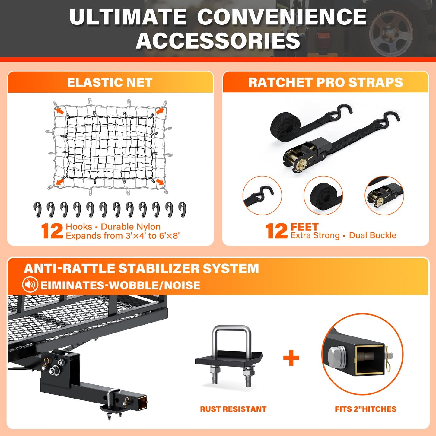 Wildroad 500 Lbs Hitch Cargo Carrier Set, Heavy Duty Cargo Carrier Hitch Mount 60"x24"x14" for 2" Receiver, SUV Car Truck, Includes Waterproof Cargo Bag, Cargo Net, Straps & Dual Tightener