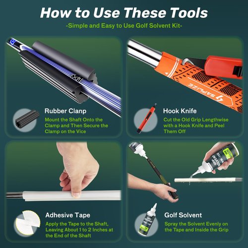 SAPLIZE Value Golf Grip Repair Kit – Includes 7.4oz GTA-200 Golf Grip Solvent, 15 Exclusive High-Performance Golf Grip Tape, Hook Knife, and Rubber Vise Clamp for Regripping Golf Club Grips
