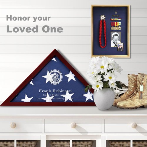 XIFAN Flag Case for Burial Flag Custom Engraved Military Flag Display Case Fits 5' x 9.5' Folded Veteran Flag Real Glass Pine Wood Flag Box Display Case Memorial Flag Case for Wall or Tabletop