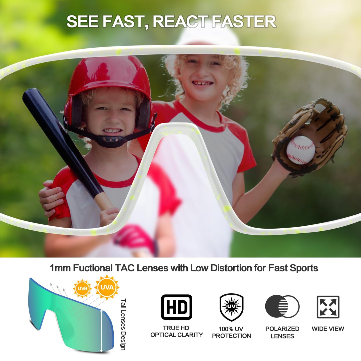Jefoo Kids Baseball Sunglasses Polarized Sports UV400 Protection Lightweight Cycling Glasses with Strap for Boys Girls 5-10