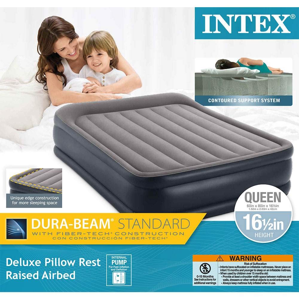Intex 64135EP Dura-Beam Standard Series Deluxe Pillow Rest Raised Airbed with Internal Pump, Black, 16.5"/Queen