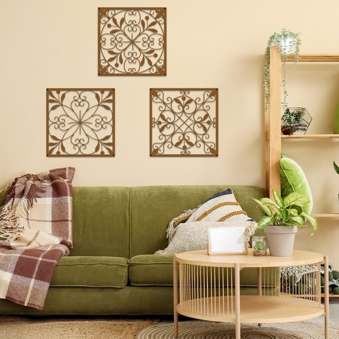 Resama 4 Pieces Rustic Wall Decor Farmhouse Wall Decor for Living Room Metal Hollow Carved Design Metal Decorative for Home Bedroom Kitchen Office (Brownish Orange,Square)