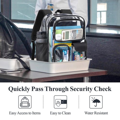 PACKISM Clear Backpack for School - 17 inch Heavy Duty Clear Bookbag with 3 Front Pockets for Students, Transparent PVC See Through Backpacks, Black (Age 12+)